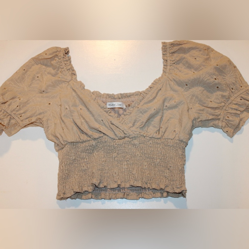 Mustard Seed Tan Puff Sleeve Smocked Crop Blouse